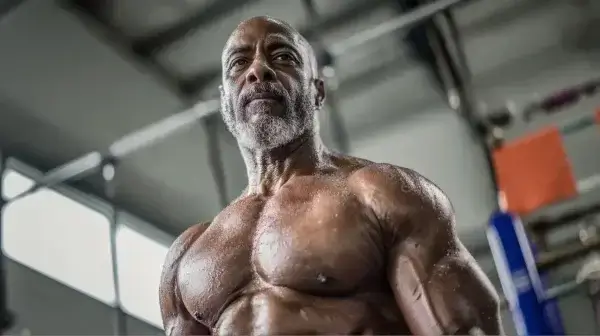 A muscular, middle-aged man with a gray beard stands shirtless in a gym, his skin glistening with sweat and workout equipment visible in the background.
