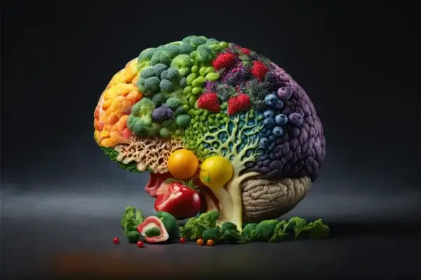 A model of a human brain made from various fruits and vegetables, including broccoli, berries, bananas, and peppers, arranged to represent different brain regions—promoting cognitive clarity and brain health.