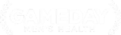 White "GAMEDAY MEN'S HEALTH" logo in bold letters, flanked by laurel branches on each side, with all text centered on a transparent background.