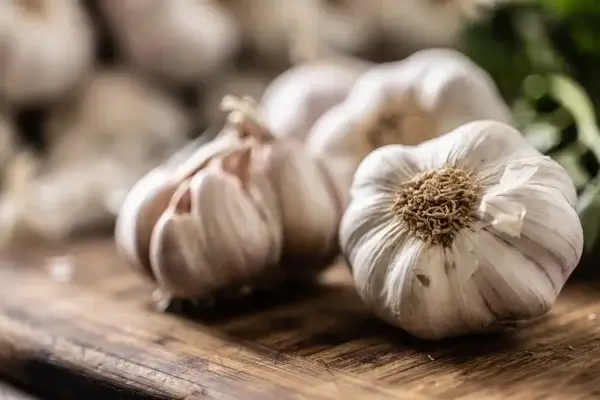 Garlic on a wooden cutting board, known for its longevity.