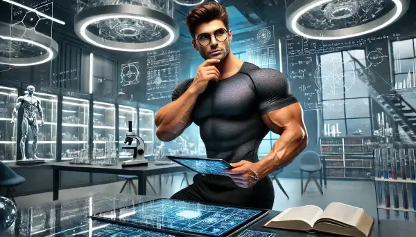 A muscular man in glasses examines a tablet in a futuristic lab, surrounded by holographic displays, books, and a microscope, reflecting on the cognitive benefits of strength training.
