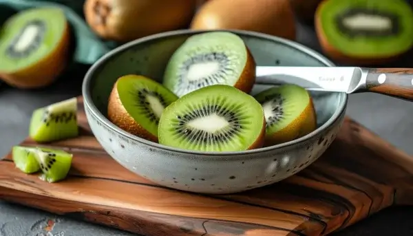 Sliced kiwi in a bowl with a knife, ready for consumption.