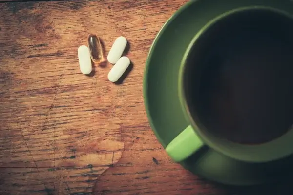 A brain-boosting cup of coffee with L-Theanine pills on a wooden table.
