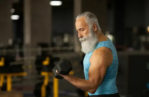 An older man with a white beard and blue tank top lifts a dumbbell in a gym setting, showing how lifting weights can reverse aging.