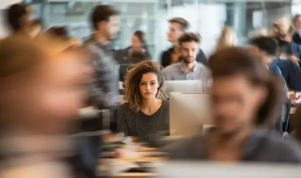 A woman sits at a desk, looking serious, surrounded by a blur of people moving quickly in a busy office environment.