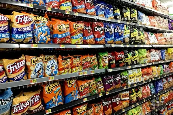 A supermarket shelf is stocked with various brands and flavors of chips, including Fritos, Cheetos, Doritos, and Lay's, in colorful packaging—a testament to Big Food's dominance despite the dirty secret of their questionable health impacts.