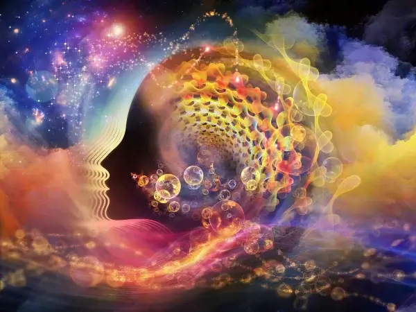 A surreal, colorful, and abstract digital artwork featuring swirling patterns, light effects, and shapes blending into a cosmic-like background, subtly inspired by Nature’s Wisdom.